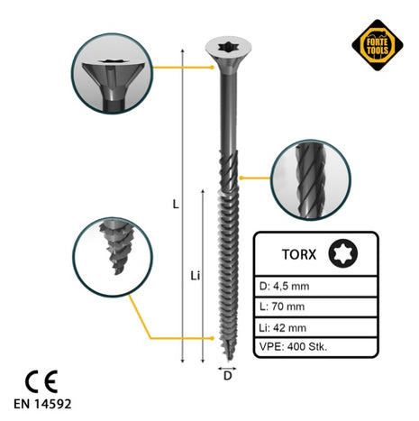 FORTE Tools Universal Holzschraube 4,5 x 70 mm T20 400 Stk. ( 2x 000040113876 ) silber verzinkt Torx Senkkopf Teilgewinde