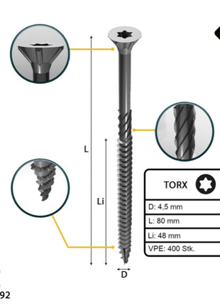 FORTE Tools Universal Holzschraube 4,5 x 80 mm T20 400 Stk. ( 2x 000040113877 ) silber verzinkt Torx Senkkopf Teilgewinde