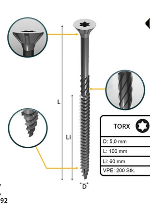 FORTE Tools Universal Holzschraube 5,0 x 100 mm T25 200 Stk. ( 2x 000040113878 ) silber verzinkt Torx Senkkopf Teilgewinde