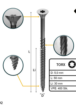 FORTE Tools Universal Holzschraube 5,0 x 50 mm T25 400 Stk. ( 2x 000040113881 ) silber verzinkt Torx Senkkopf Teilgewinde