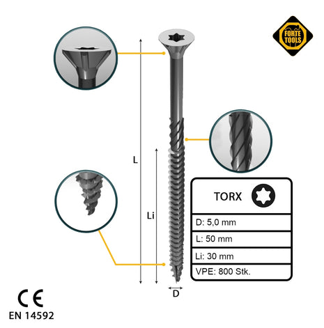 FORTE Tools Universal Holzschraube 5,0 x 50 mm T25 800 Stk. ( 4x 000040113881 ) silber verzinkt Torx Senkkopf Teilgewinde