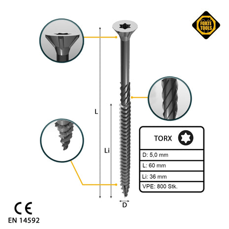 FORTE Tools Universal Holzschraube 5,0 x 60 mm T25 800 Stk. ( 4x 000040113882 ) silber verzinkt Torx Senkkopf Teilgewinde