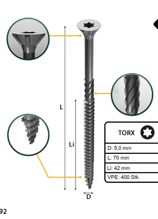 FORTE Tools tornillo universal para madera 5,0 x 70 mm T25 400 piezas (2x 000040113883) galvanizado en plata Torx cabeza avellanada rosca parcial