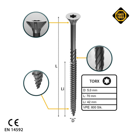 FORTE Tools Universal Holzschraube 5,0 x 70 mm T25 800 Stk. ( 4x 000040113883 ) silber verzinkt Torx Senkkopf Teilgewinde