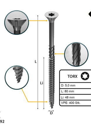 FORTE Tools Tornillo universal para madera 5,0 x 80 mm T25 400 piezas (2x 000040113884) galvanizado en plata Torx cabeza avellanada rosca parcial