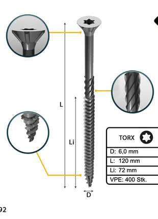 FORTE Tools Tornillo universal para madera 6,0 x 120 mm T30 400 piezas (4x 000040113887) galvanizado en plata Torx cabeza avellanada rosca parcial