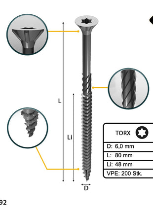 FORTE Tools Universal Holzschraube 6,0 x 80 mm T30 200 Stk. ( 2x 000040113891 ) silber verzinkt Torx Senkkopf Teilgewinde