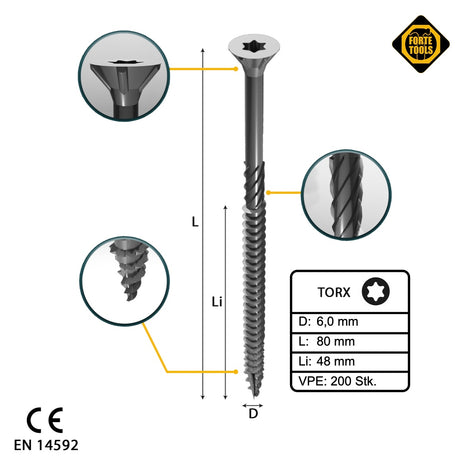 FORTE Tools Tornillo universal para madera 6,0 x 80 mm T30 200 piezas (2x 000040113891) galvanizado en plata Torx cabeza avellanada rosca parcial