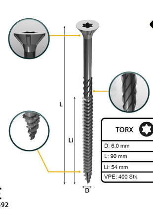 FORTE Tools Universal Holzschraube 6,0 x 90 mm T30 400 Stk. ( 4x 000040113892 ) silber verzinkt Torx Senkkopf Teilgewinde