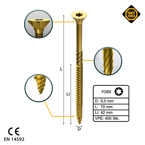 FORTE Tools Tornillo universal para madera 6,0 x 70 mm T30 400 piezas (4x 000051399495) rosca parcial Torx cabeza avellanada galvanizada amarilla