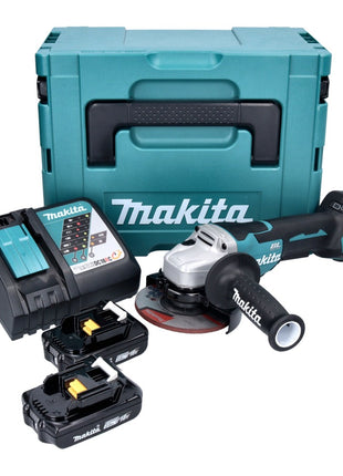 Amoladora angular a batería Makita DGA 515 RAJ 18 V 125 mm sin escobillas + 2x baterías 2,0 Ah + cargador + Makpac