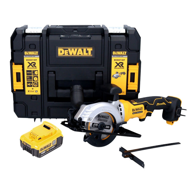 Sega circolare a batteria DeWalt DCS 571 18 V 115 mm senza spazzole + 1x batteria 4,0 Ah + TSTAK - senza caricabatterie
