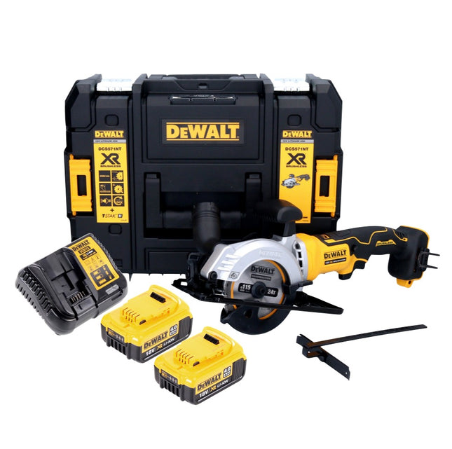 Sierra circular sin cable DeWalt DCS 571 M2 18 V 115 mm sin escobillas + 2x batería 4,0 Ah + cargador + TSTAK