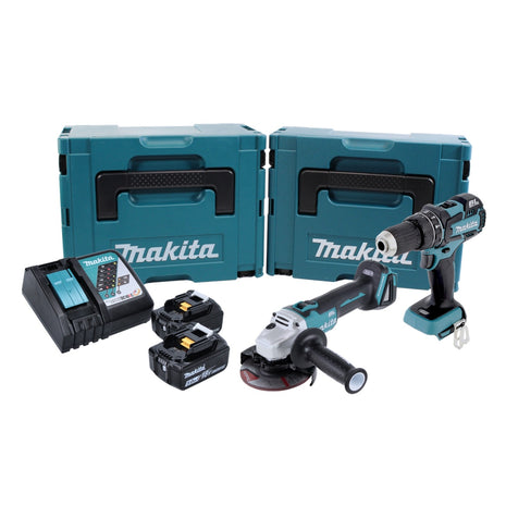 Makita DLX 2126 TJ1 Akku Combo Kit DGA 504 Akku Winkelschleifer + DHP 480 Akku Schlagbohrschrauber + 2x Akku 5,0 Ah + Ladegerät + 2x Makpac