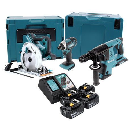 Makita DLX 3049 PTJ Akku Combo Kit DHR 264 Akku-Bohrhammer + DHS 710 Akku Handkreissäge + DTD 152 Akku Schlagschrauber + 4x Akku 5,0 Ah + Ladegerät + 2x Makpac