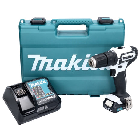 Makita HP 333 DSAW taladro percutor inalámbrico 12 V 30 Nm blanco + 1x batería 2,0 Ah + cargador + maletín