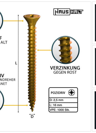 HausHalt Vis universelle pour la construction en bois, vis à bois 2,5 x 16 mm PZ1 1000 pièces (000051371121) jaune galvanisé fente cruciforme Pozidriv tête fraisée filetage complet