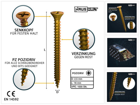 HausHalt Universal Holzbauschraube Holzschraube 2,5 x 16 mm PZ1 1000 Stk. ( 000051371121 ) gelb verzinkt Kreuzschlitz Pozidriv Senkkopf Vollgewinde