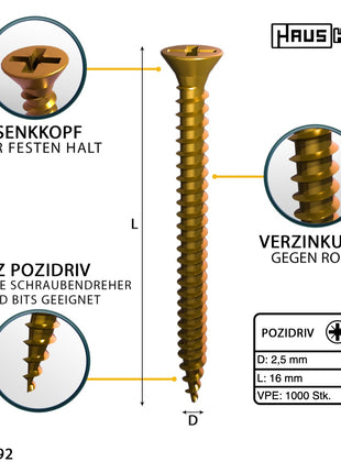 HausHalt Vis universelle pour la construction en bois, vis à bois 2,5 x 16 mm PZ1 1000 pièces (000051371121) jaune galvanisé fente cruciforme Pozidriv tête fraisée filetage complet