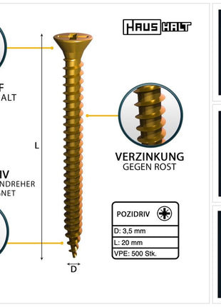 HausHalt Universal Holzbauschraube Holzschraube 3,5 x 20 mm PZ2 500 Stk. ( 000051371132 ) gelb verzinkt Kreuzschlitz Pozidriv Senkkopf Vollgewinde - Toolbrothers