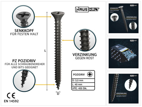 HausHalt Universal Holzbauschraube Holzschraube 3,5 x 45 mm PZ2 400 Stk. ( 000051371108 ) silber verzinkt Kreuzschlitz Pozidriv Senkkopf Vollgewinde - Toolbrothers