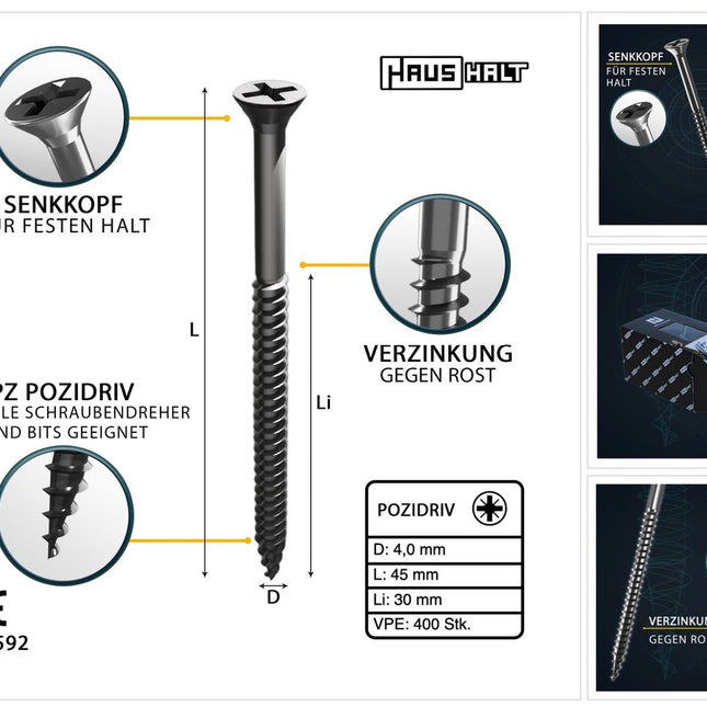 HausHalt Universal Holzbauschraube Holzschraube 4,0 x 45 mm PZ2 400 Stk. ( 000051371117 ) silber verzinkt Kreuzschlitz Pozidriv Senkkopf Teilgewinde - Toolbrothers