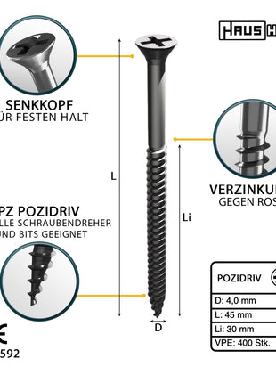 HausHalt Universal Holzbauschraube Holzschraube 4,0 x 45 mm PZ2 400 Stk. ( 000051371117 ) silber verzinkt Kreuzschlitz Pozidriv Senkkopf Teilgewinde - Toolbrothers