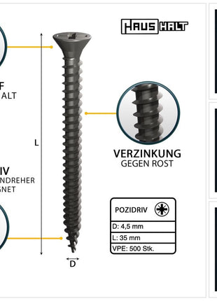 HausHalt Universal Holzbauschraube Holzschraube 4,5 x 35 mm PZ2 500 Stk. ( 000051371164 ) silber verzinkt Kreuzschlitz Pozidriv Senkkopf Vollgewinde - Toolbrothers