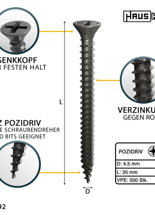 HausHalt Universal Holzbauschraube Holzschraube 4,5 x 35 mm PZ2 500 Stk. ( 000051371164 ) silber verzinkt Kreuzschlitz Pozidriv Senkkopf Vollgewinde - Toolbrothers