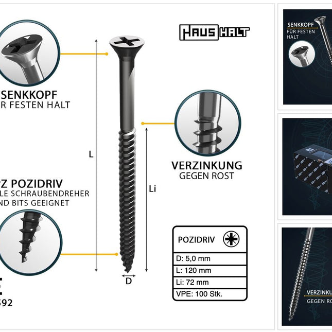 HausHalt Universal Holzbauschraube Holzschraube 5,0 x 120 mm PZ2 100 Stk. ( 000051371185 ) silber verzinkt Kreuzschlitz Pozidriv Senkkopf Teilgewinde - Toolbrothers