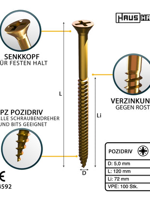 HausHalt Universal Holzbauschraube Holzschraube 5,0 x 120 mm PZ2 100 Stk. ( 000051371186 ) gelb verzinkt Kreuzschlitz Pozidriv Senkkopf Teilgewinde - Toolbrothers