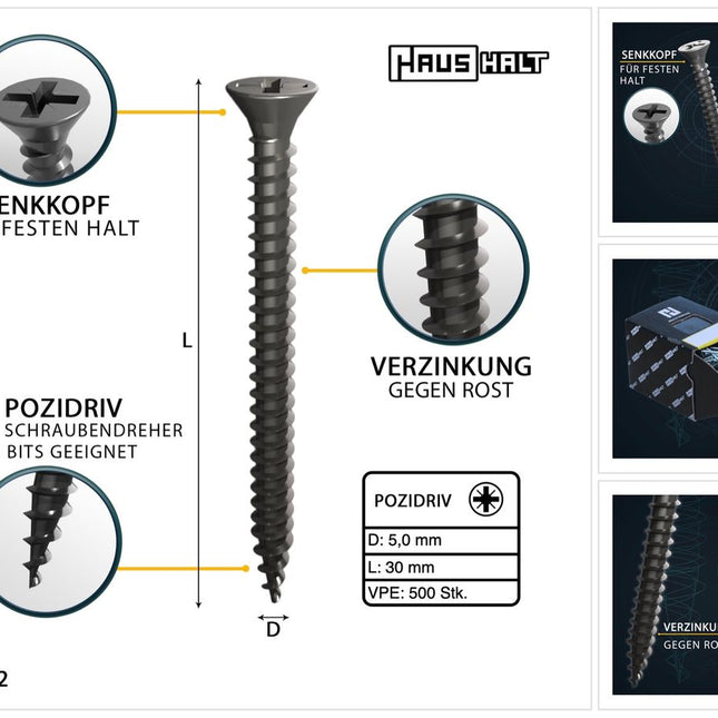 HausHalt Universal Holzbauschraube Holzschraube 5,0 x 30 mm PZ2 500 Stk. ( 000051371189 ) silber verzinkt Kreuzschlitz Pozidriv Senkkopf Vollgewinde - Toolbrothers