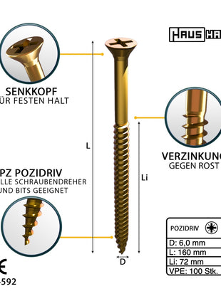 HausHalt Universal Holzbauschraube Holzschraube 6,0 x 160 mm PZ3 100 Stk. ( 000051371220 ) gelb verzinkt Kreuzschlitz Pozidriv Senkkopf Teilgewinde - Toolbrothers