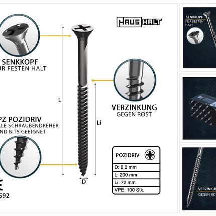 HausHalt Universal Holzbauschraube Holzschraube 6,0 x 200 mm PZ3 100 Stk. ( 000051371223 ) silber verzinkt Kreuzschlitz Pozidriv Senkkopf Teilgewinde - Toolbrothers