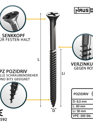 HausHalt Universal Holzbauschraube Holzschraube 6,0 x 60 mm PZ3 200 Stk. ( 000051371229 ) silber verzinkt Kreuzschlitz Pozidriv Senkkopf Teilgewinde - Toolbrothers