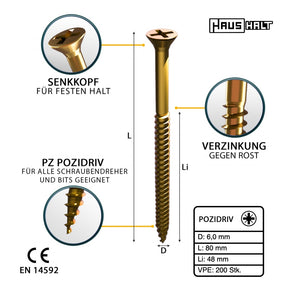 HausHalt Universal Holzbauschraube Holzschraube 6,0 x 80 mm PZ3 200 Stk. ( 000051371233 ) gelb verzinkt Kreuzschlitz Pozidriv Senkkopf Teilgewinde