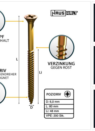 HausHalt Universal Holzbauschraube Holzschraube 6,0 x 80 mm PZ3 200 Stk. ( 000051371233 ) gelb verzinkt Kreuzschlitz Pozidriv Senkkopf Teilgewinde - Toolbrothers