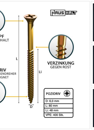 HausHalt Universal Holzbauschraube Holzschraube 6,0 x 80 mm PZ3 400 Stk. ( 2x 000051371233 ) gelb verzinkt Kreuzschlitz Pozidriv Senkkopf Teilgewinde - Toolbrothers