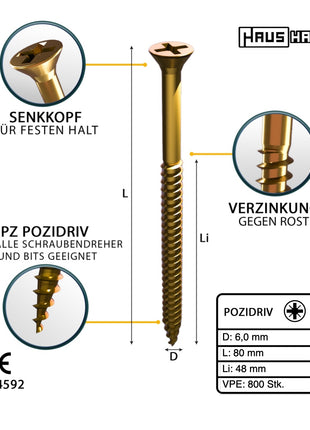 HausHalt Universal Holzbauschraube Holzschraube 6,0 x 80 mm PZ3 800 Stk. ( 4x 000051371233 ) gelb verzinkt Kreuzschlitz Pozidriv Senkkopf Vollgewinde - Toolbrothers