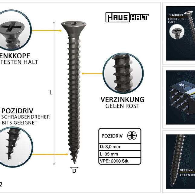 HausHalt Tornillo universal para construcción de madera, tornillo para madera, 3,0 x 35 mm, PZ1, 2000 piezas (4x 000051371099), ranura cruzada galvanizada en plata, cabeza avellanada Pozidriv, rosca completa