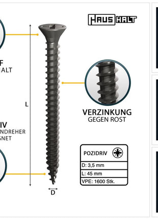 HausHalt Universal Holzbauschraube Holzschraube 3,5 x 45 mm PZ2 1600 Stk. ( 4x 000051371108 ) silber verzinkt Kreuzschlitz Pozidriv Senkkopf Vollgewinde - Toolbrothers