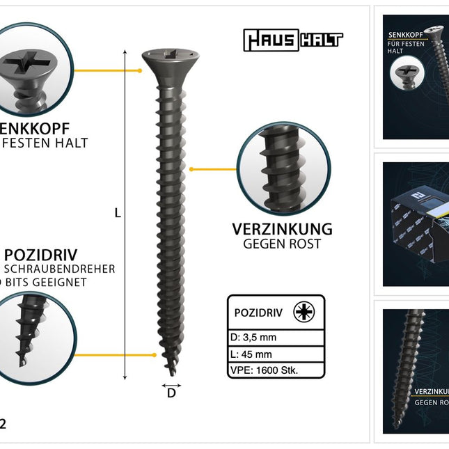 HausHalt Universal Holzbauschraube Holzschraube 3,5 x 45 mm PZ2 1600 Stk. ( 4x 000051371108 ) silber verzinkt Kreuzschlitz Pozidriv Senkkopf Vollgewinde - Toolbrothers