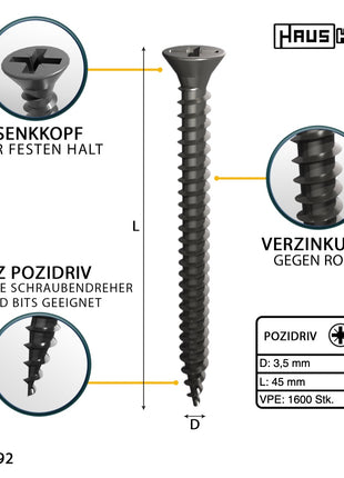 HausHalt Universal Holzbauschraube Holzschraube 3,5 x 45 mm PZ2 1600 Stk. ( 4x 000051371108 ) silber verzinkt Kreuzschlitz Pozidriv Senkkopf Vollgewinde - Toolbrothers