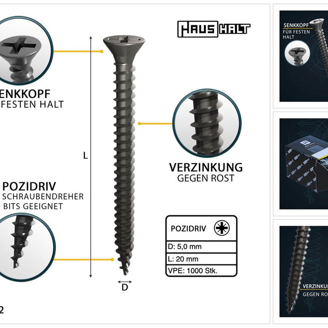HausHalt Universal Holzbauschraube Holzschraube 5,0 x 20 mm PZ2 1000 Stk. ( 2x 000051371187 ) silber verzinkt Kreuzschlitz Pozidriv Senkkopf Vollgewinde - Toolbrothers