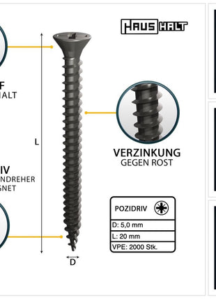 HausHalt Universal Holzbauschraube Holzschraube 5,0 x 20 mm PZ2 2000 Stk. ( 4x 000051371187 ) silber verzinkt Kreuzschlitz Pozidriv Senkkopf Vollgewinde - Toolbrothers