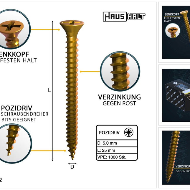 HausHalt Universal Holzbauschraube Holzschraube 5,0 x 25 mm PZ2 1000 Stk. ( 2x 000051371188 ) gelb verzinkt Kreuzschlitz Pozidriv Senkkopf Vollgewinde - Toolbrothers