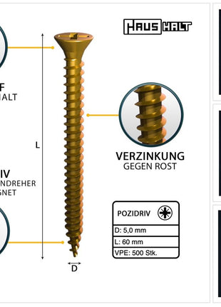 HausHalt Vis universelle pour la construction en bois Vis à bois 5,0 x 60 mm PZ2 500 pièces (2x 000051371202) jaune galvanisé fente cruciforme Pozidriv tête fraisée filetage complet