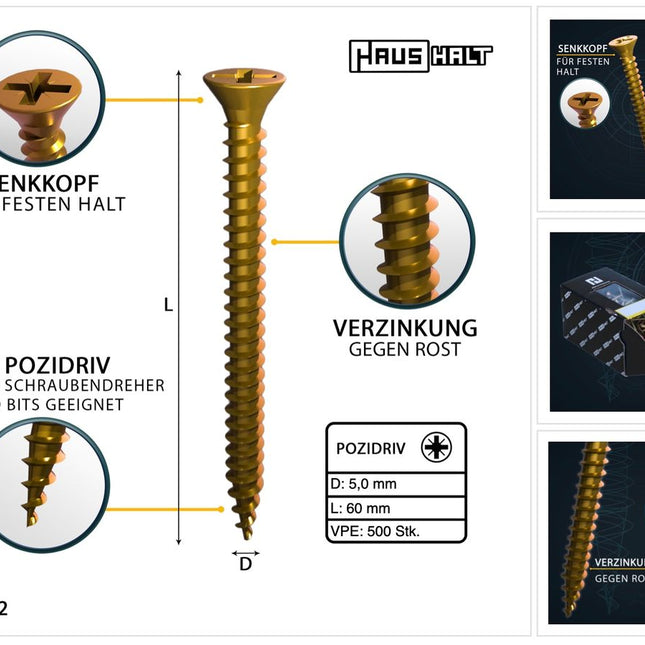 HausHalt Tornillo universal para construcción de madera tornillo para madera 5,0 x 60 mm PZ2 500 piezas (2x 000051371202) amarillo galvanizado ranura transversal Pozidriv cabeza avellanada rosca completa