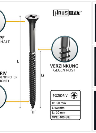 HausHalt Universal Holzbauschraube Holzschraube 6,0 x 50 mm PZ3 400 Stk. ( 2x 000051371227 ) silber verzinkt Kreuzschlitz Pozidriv Senkkopf Teilgewinde - Toolbrothers