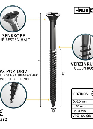 HausHalt Universal Holzbauschraube Holzschraube 6,0 x 50 mm PZ3 400 Stk. ( 2x 000051371227 ) silber verzinkt Kreuzschlitz Pozidriv Senkkopf Teilgewinde - Toolbrothers